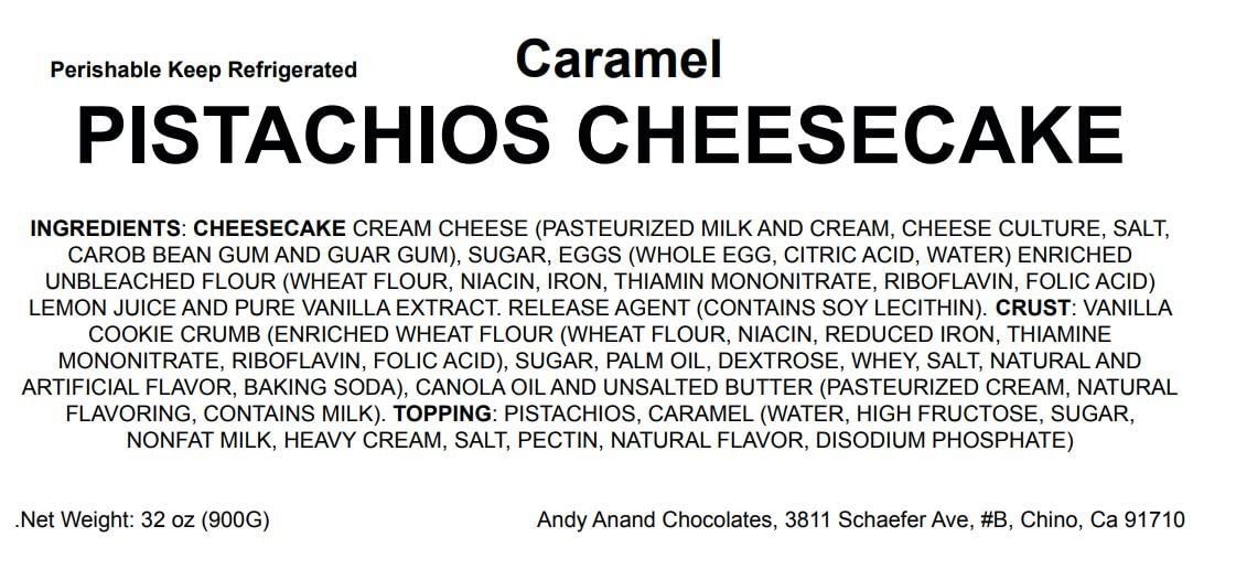 Andy Anand Caramel Pistachio Cheesecake, 9-Inch, 2 lb – Freshly Baked, Real California Cream Cheese, No Preservatives, Birthday Gift Box