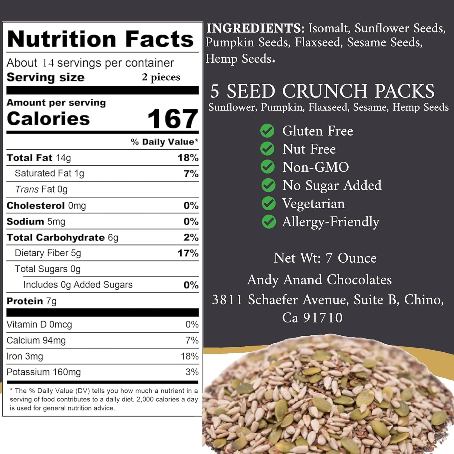 Andy Anand Sugar-Free 5-Seed Crunch Snack Packs, 14 ct, 7 oz – Sunflower, Pumpkin, Flax, Sesame & Hemp Seeds, Gluten-Free Keto Gift Box