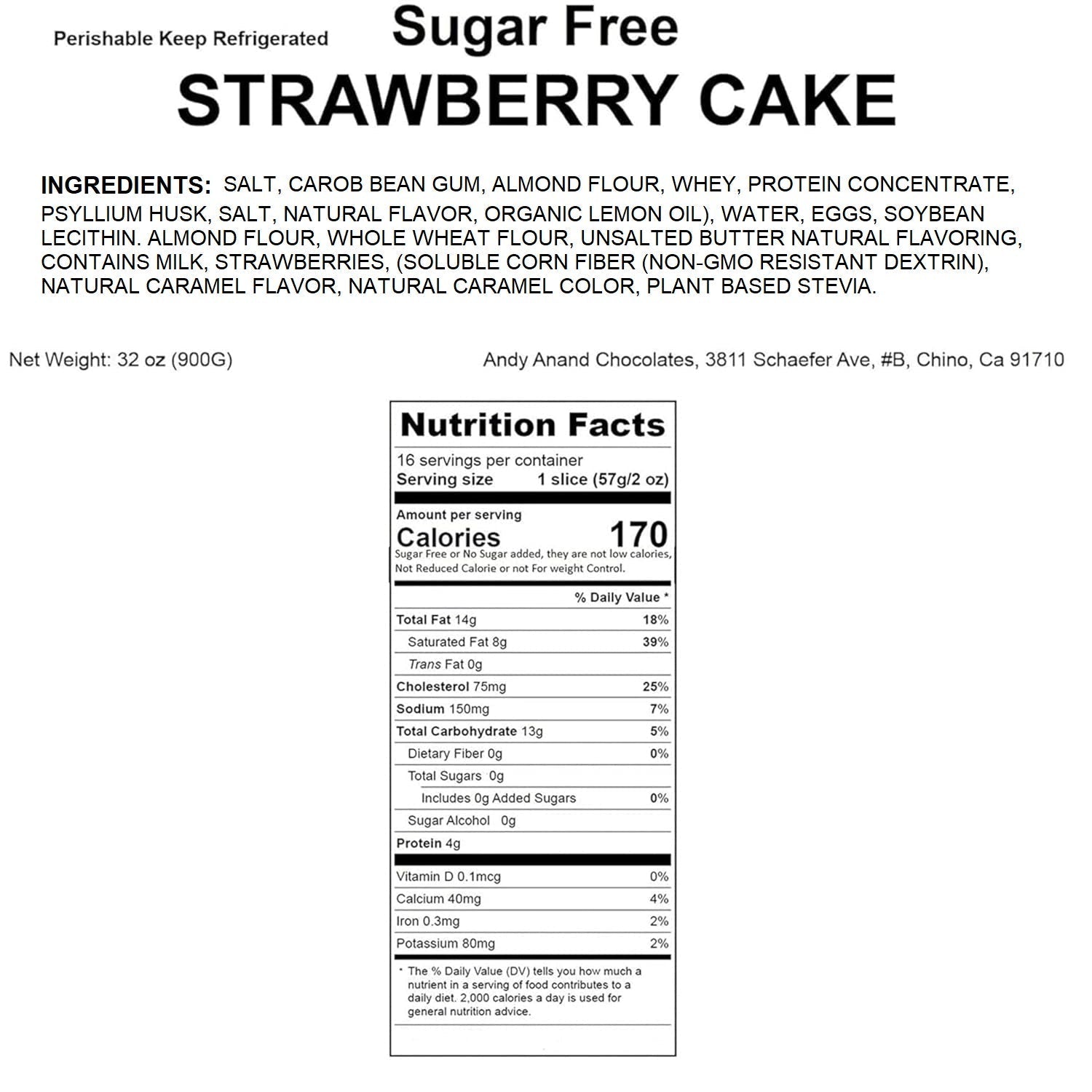 Andy Anand Sugar-Free Strawberry Cake, 9-Inch, 2 lb – Gourmet, Freshly Baked, All-Natural, No Preservatives, Diabetic-Friendly Birthday Gift