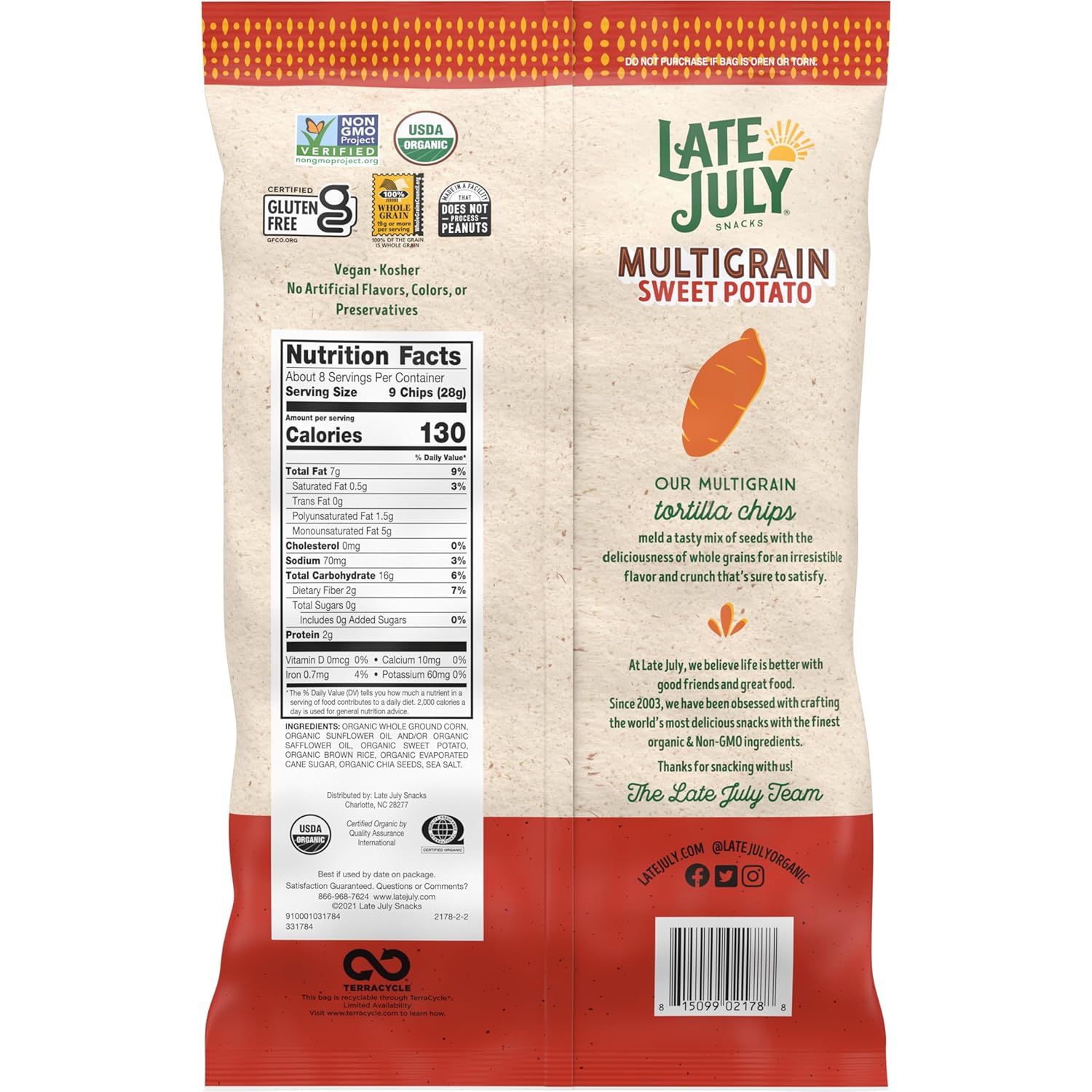 Late July Snacks Veggie Sweet Potato Tortilla Chips, 7.5 oz, Case of 12
