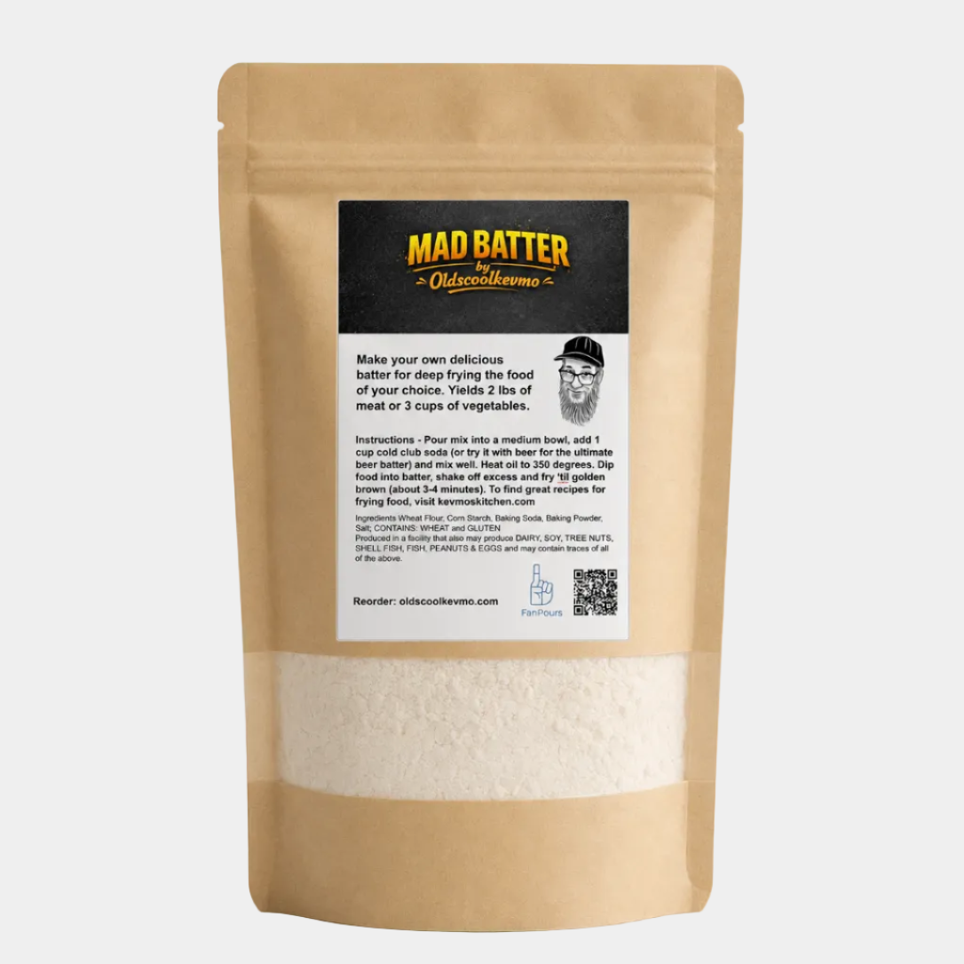Kraft paper packaging of Kevmo's Fry Batter with a label on a light gray background
