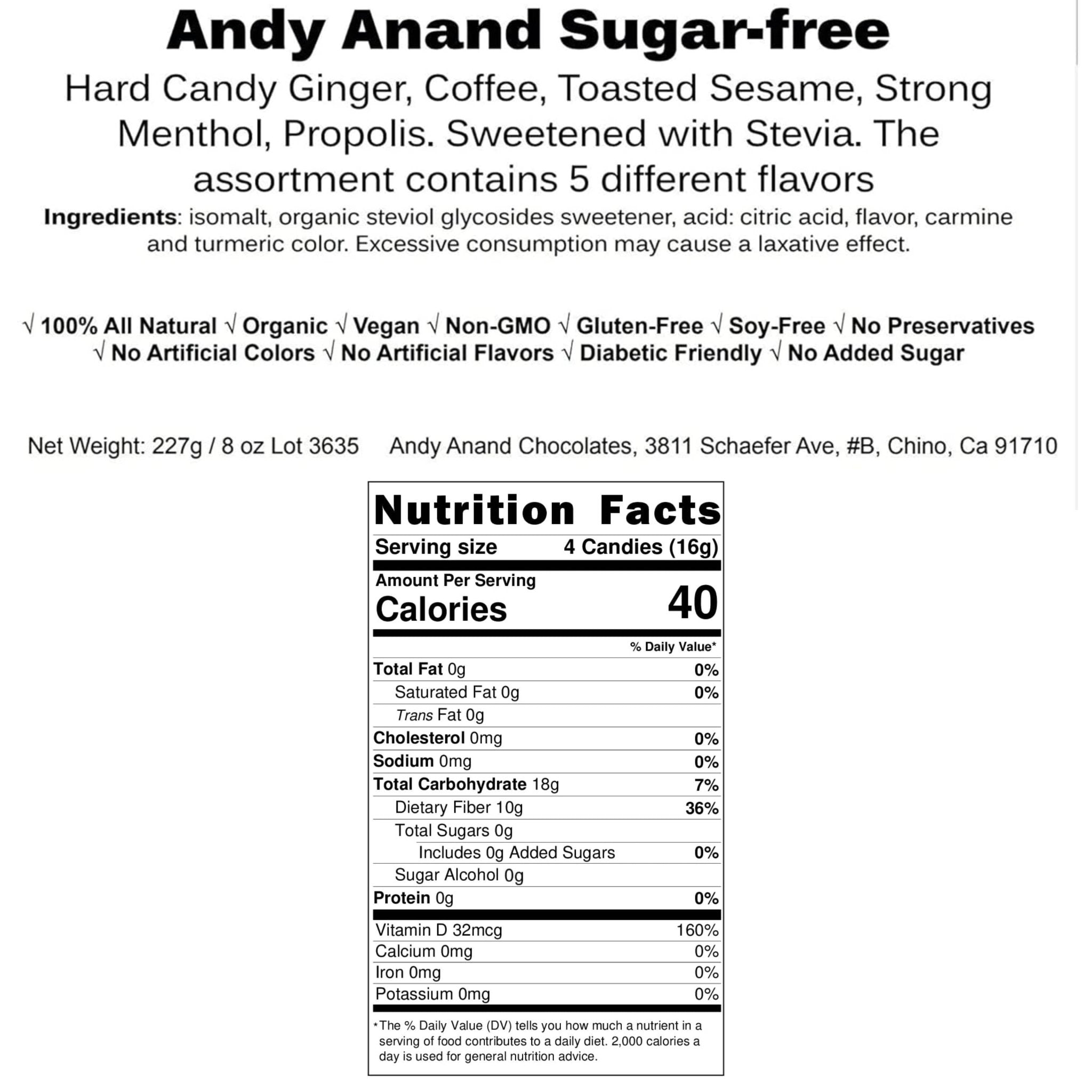 Andy Anand Sugar-Free Hard Candy Variety Pack (85 pc, 7 oz) | Ginger, Coffee, Sesame, Menthol, Propolis | Local SoCal Bakery