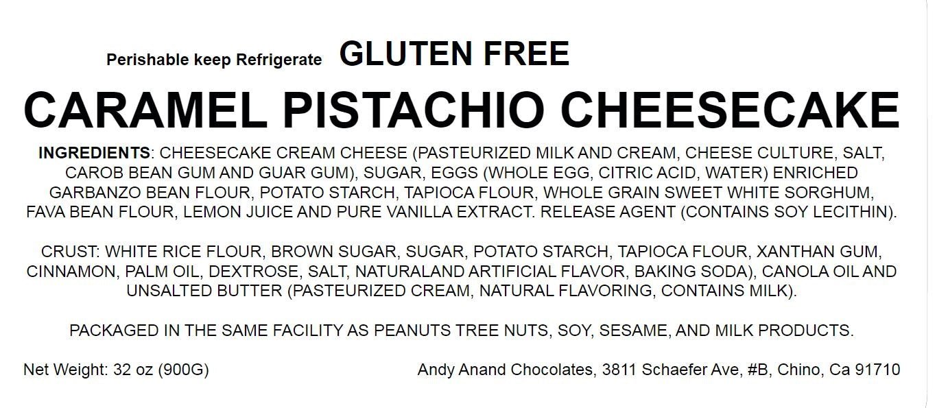 Andy Anand Gluten-Free Caramel Pistachio Cheesecake, 9-Inch, 2 lb – Freshly Baked, Real California Cream Cheese, No Preservatives Gift Box