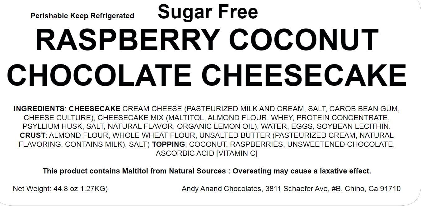 Andy Anand Sugar-Free Raspberry Coconut Chocolate Cheesecake, 9-Inch, 2.6 lb – Chocolate Truffles, Diabetic-Friendly, Birthday Gift Box